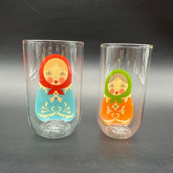 Russian Doll Nesting Glass Cups Tumblers Fred Babushkups 2010 Set Of 2 Kitschy - Picture 4 of 11